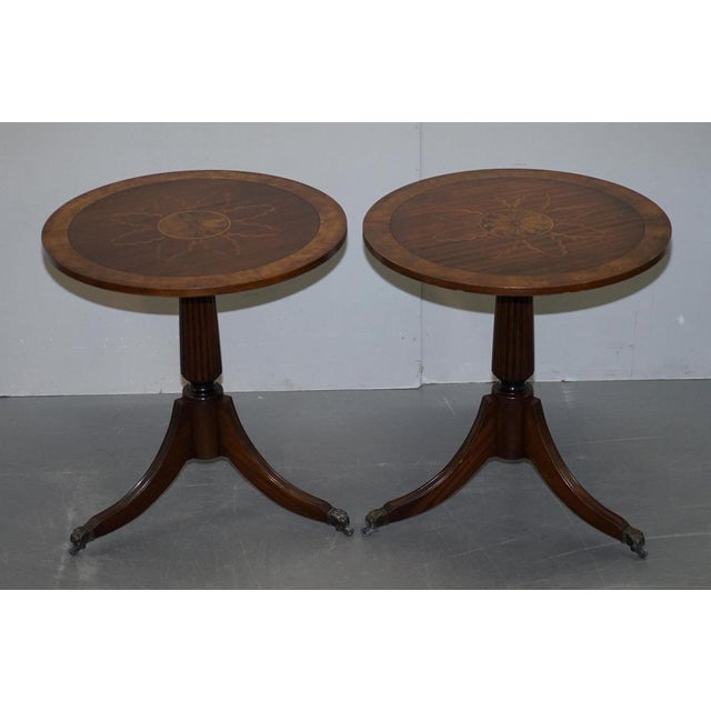 Lovely pair of vintage Burr Walnut Marquetry inlaid large side tables with tripod bases finished with lion hairy paw feet...