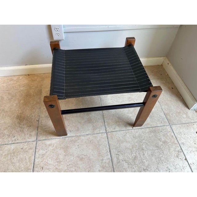 Wood Late 20th Century Vintage Vinyl Sling Wood Walnut Ottoman For Sale - Image 7 of 10
