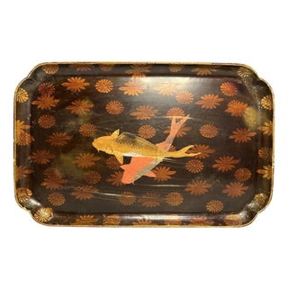 Antique Japanese Maki-E Lacquer Tray: Koi Fish and Floral Design For Sale
