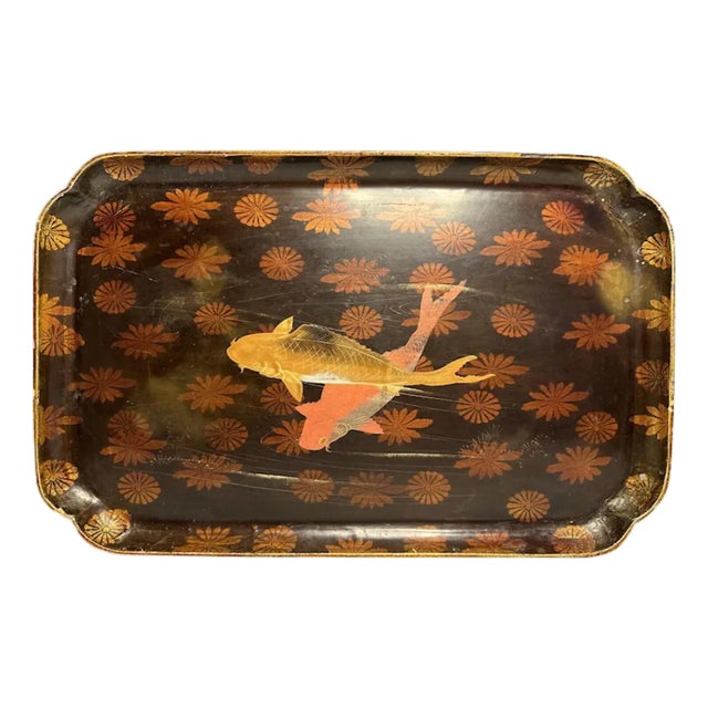 Antique Japanese Maki-E Lacquer Tray: Koi Fish and Floral Design For Sale