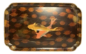 Antique Japanese Maki-E Lacquer Tray: Koi Fish and Floral Design