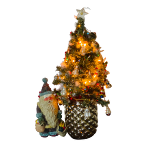 Vintage Small Christmas Tree With Ornaments, Santa and Mercury Glass Bowl