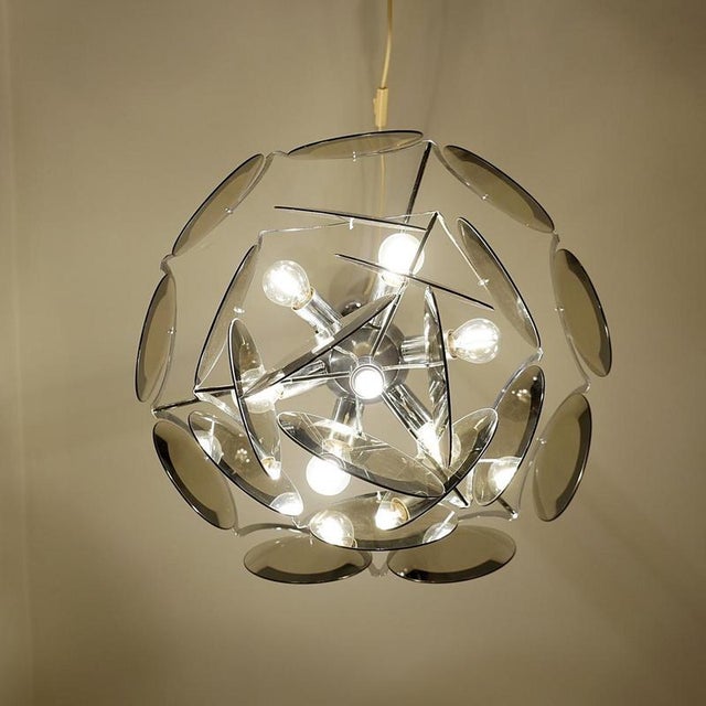 Glass Smoked Glass Disc and Chrome Chandeliers from Vistosi, Italy, 1970s, Set of 2 For Sale - Image 7 of 9
