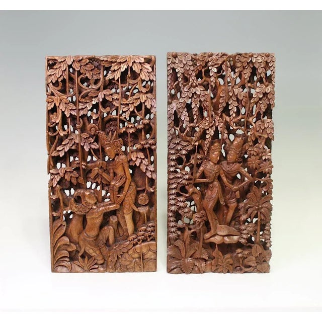 Mid 20th Century Balinese Hand Carved Wood Sculptural Wall Panels, Rama & Sita From the Ramayana Epic Saga, Three Dimensional For Sale - Image 5 of 12