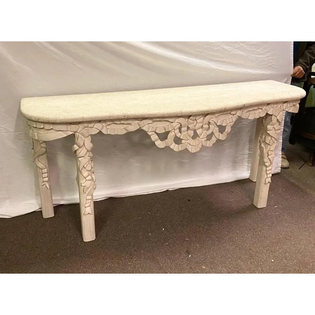 1970s Hollywood Regency Style Italian Carved Ribbon Mirror & Stone Console Table For Sale In Atlanta - Image 6 of 9