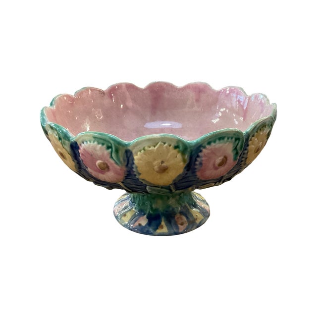 Late 19th Century Cobalt, Green, Pink and Yellow Floral Etruscan Majolica Compote with Scalloped Edge and Pink Interior.