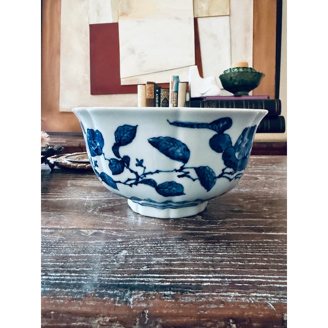 Japanese Vintage Japanese Blue & White Floral Bowl – Fuku Mark For Sale - Image 3 of 8