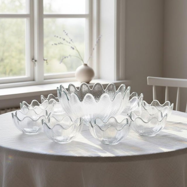 Glass Vintage Blenko Lotus Bowl Set Clear Textured Art Glass Salad Berry - 9 pcs For Sale - Image 7 of 11