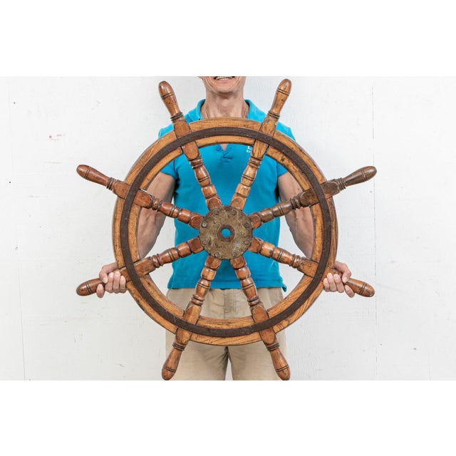 Antique Iron Clad Mahogany Ship’s Wheel For Sale - Image 4 of 8
