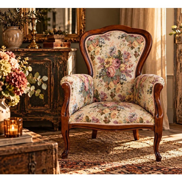 A louis xv style salon armchair with a mahogany brown varnished wood frame. The medallion-shaped back features a molded...