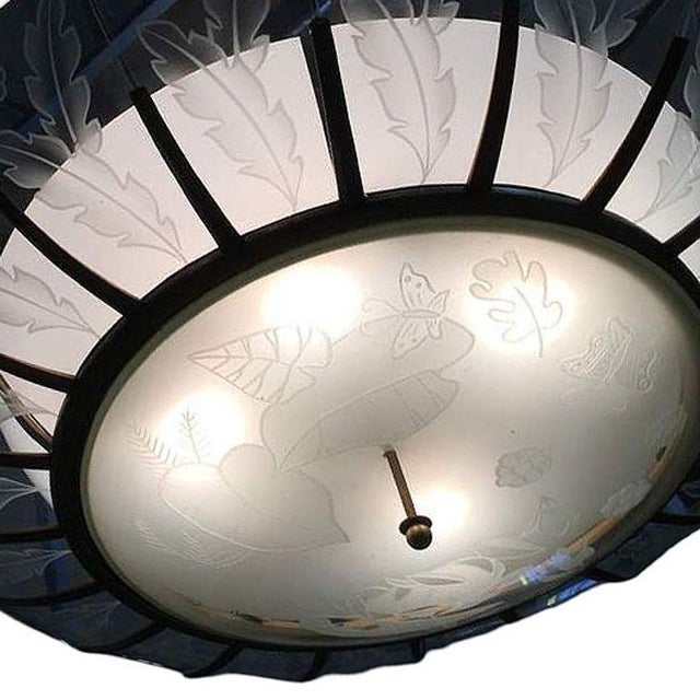 Metal 1940s Mid-Century Modern Tropical Etched Slat Glass Bronze Chandelier For Sale - Image 7 of 10