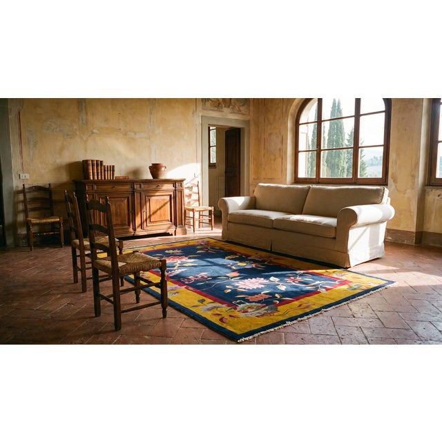Lovely Navy Blue Background and Yellow Gold Border Color With Floral Design Antique Chinese Art Deco Rug For Sale - Image 14 of 15