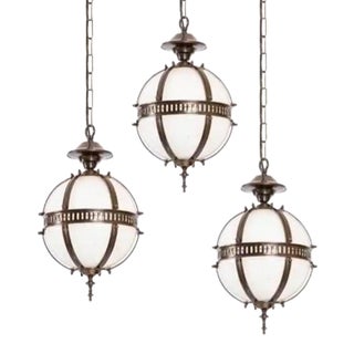Set of 3 Vintage 1940s Art Deco Old Fixture Ceiling Brass Hanging Pendant Light Milk Glass Shade Lamp For Sale