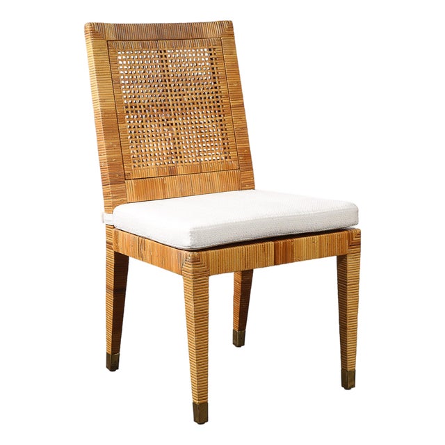 Mid-Century Rattan & Bamboo Wrapped & Upholstered Chair Signed Bielecky Brothers For Sale