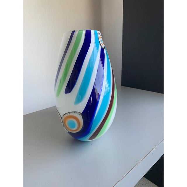 Impressive table lamp in milky white murano glass with red, amber, yellow and blue reeds. geometric design in very...