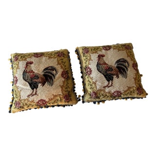 1990s Rooster Design Needlepoint Pillows with Tassel Trim Velvet Back- Set of 2 For Sale