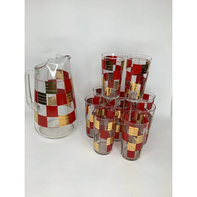 Vintage Gilt and Red Checkerboard Cocktail Set With Pitcher For Sale - Image 4 of 9