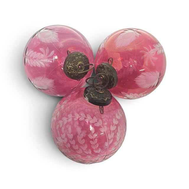 Contemporary Late 20th Century Cranberry Glass Kugel-Style Botanical Christmas Ornaments, Set of 3 For Sale - Image 3 of 18