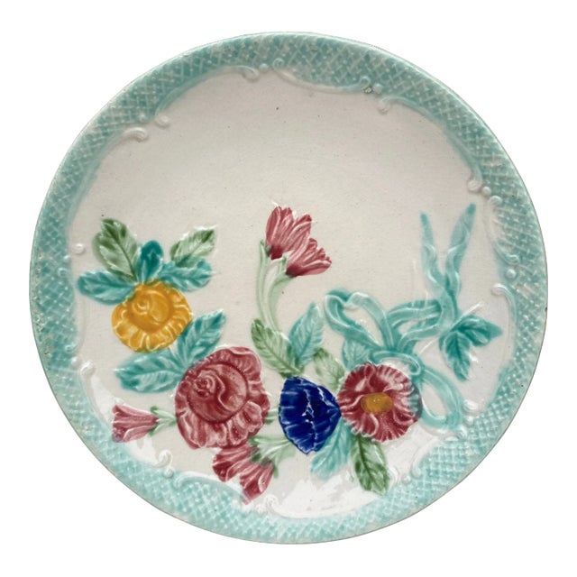 French Majolica Roses Plate Salins, Circa 1890 For Sale