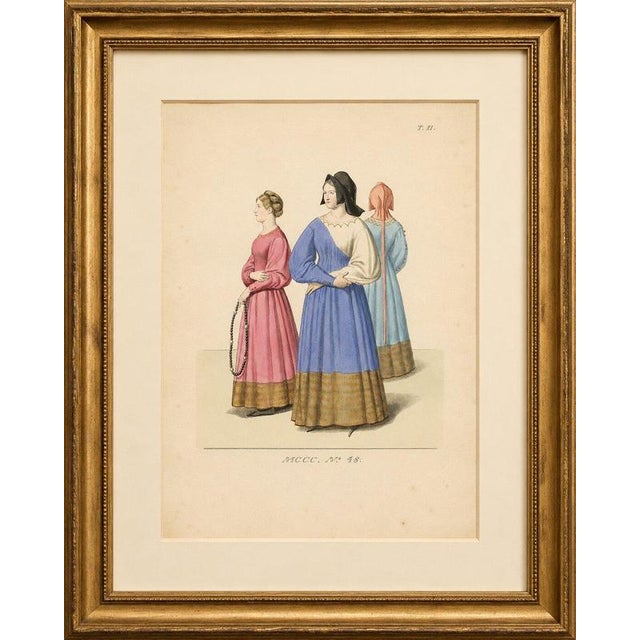Title: Medieval Women's Costumes c.1300, Hand-Colored Costume Plate, Mercuri 1845 A finely hand-colored nineteenth-century...