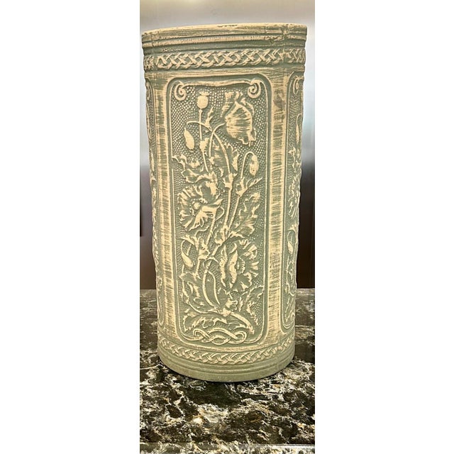 Robinson Ransbottom Pottery Co. A Robinson Ransbottom, 1926, Art Nouveau, Victorian, Luxor Antique, Blue-Green, Poppy-Patterned Pottery, Umbrella/Cane Stand/Vase For Sale - Image 4 of 10