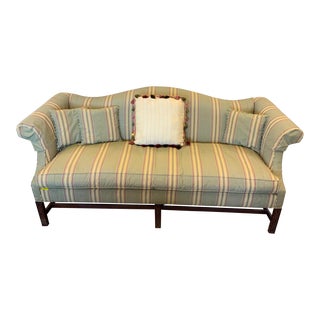 1980s Chippendale Camel Back Sofa With Carved Fret Work Front Legs For Sale