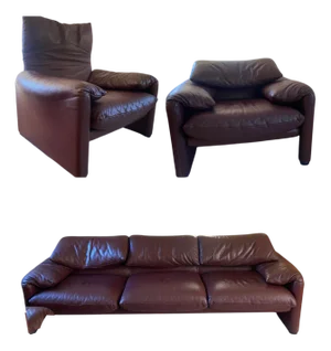 Maralunga Sofa and Armchairs in Burgundy Leather by Vico Magistretti for Cassina, 2000s, Set of 3