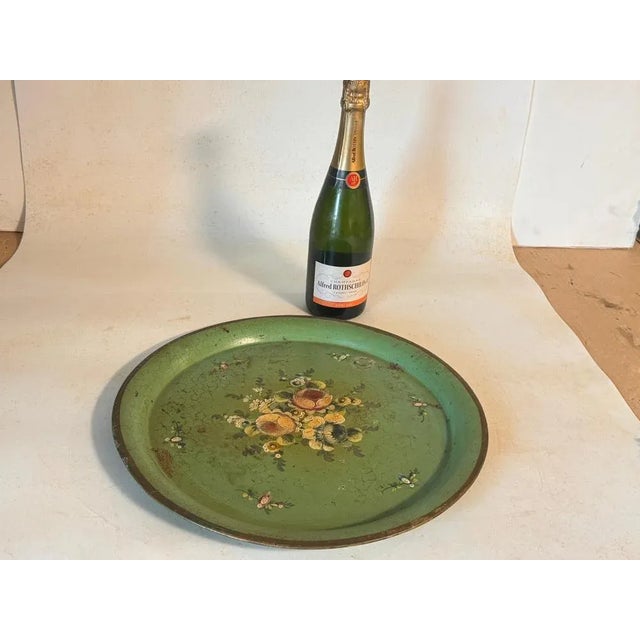 Platter or Tray Metal painted France 1970s Green Color with Flowers