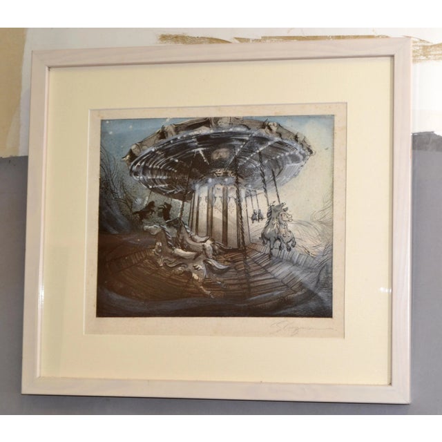 Wood White Framed Signed Antique French Montmartre Carousel Night Mid-Century Modern For Sale - Image 7 of 13