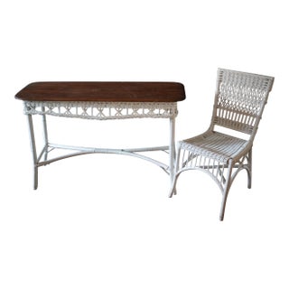 Vintage Grandmillennial White Wicker Console Table & High-Back Chair - 2 Piece Set For Sale