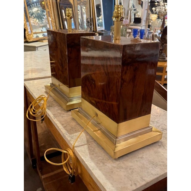 Early 21st Century Pair of Modern Burlwood and Brass Lamps For Sale - Image 5 of 5