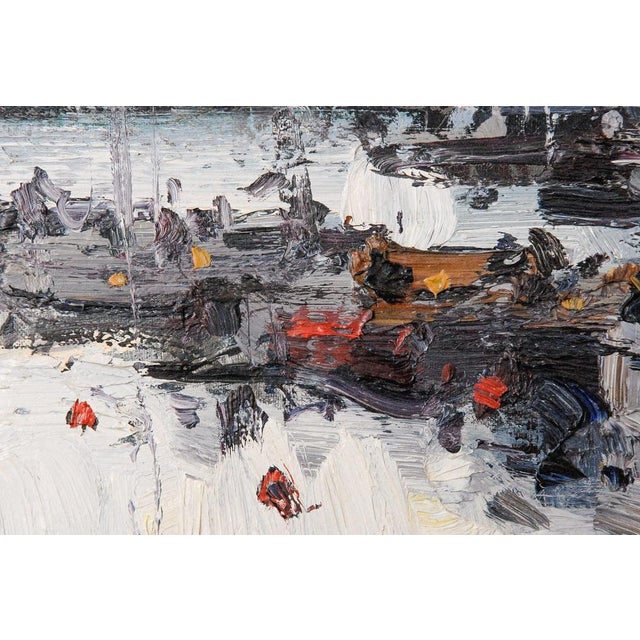 Abstract figurative oil on canvas of a harbour with boats and mountains in the background. Artist Name: Signed...