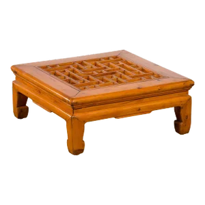 Chinese Vintage Ming Dynasty Style Elmwood Low Prayer Table with Fretwork Top