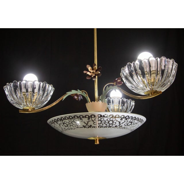 Brass Italian Midcentury Art Decò Murano Glass and Brass Chandelier, 1950s For Sale - Image 8 of 12