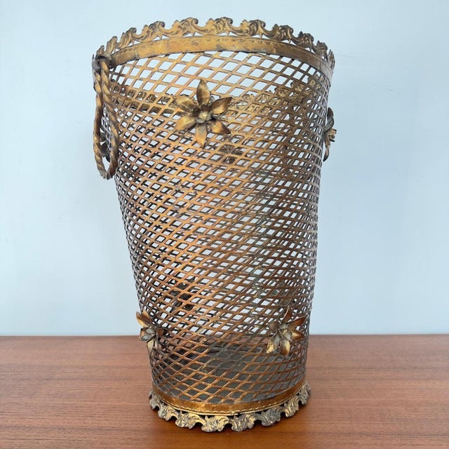 Metal Brass Perforated Umbrella Stand with Detailed Flowers, 1950 For Sale - Image 7 of 9