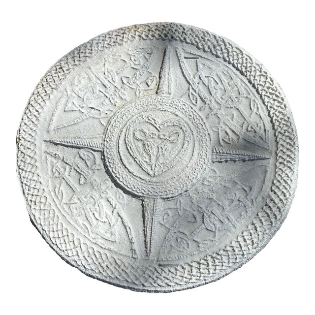 Vintage Celtic Cement Sculpted Bas Relief Wall Hanging, Weathered, Pitted, 1950s For Sale