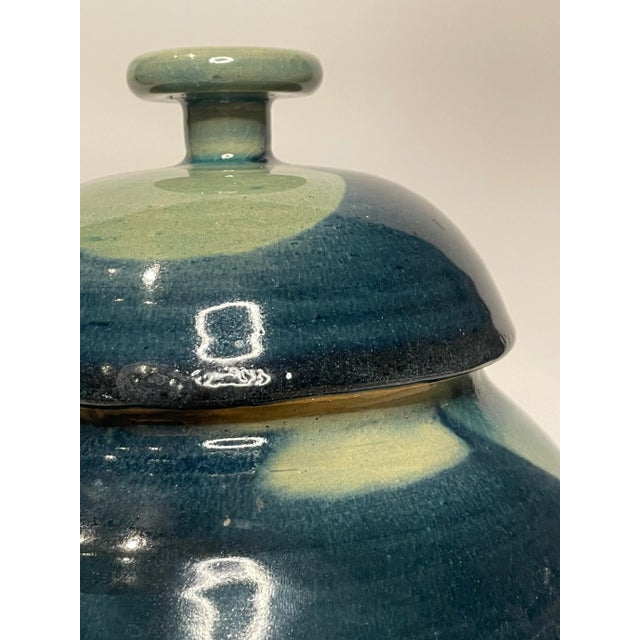 Late 20th Century Abstract Modern Blue Ceramic Lidded Ginger Jar For Sale - Image 5 of 11