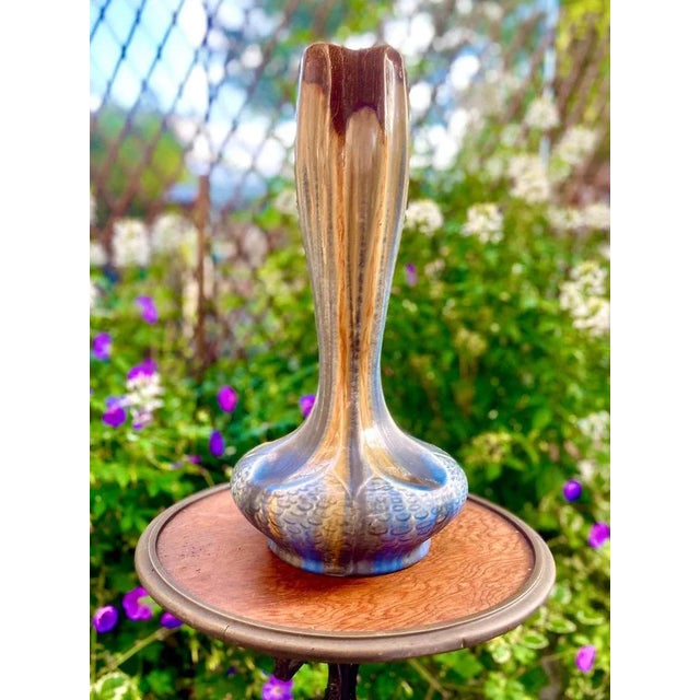 Brilliant handmade hand-glazed Art Nouveau Soliflore Vase, 1930. Handmade and hand-glazed in brilliant colored details....