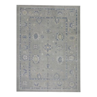 Early 21st Century Green & Blue Floral Design Handwoven Wool Turkish Oushak Rug 8'10" X 12' For Sale