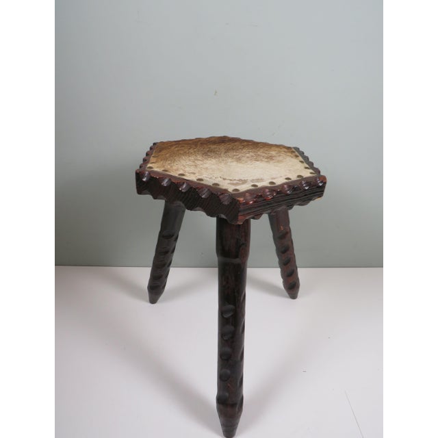 Spanish Vernacular Stool in Carved Wood with Leather Seat, 1960s For Sale - Image 6 of 10