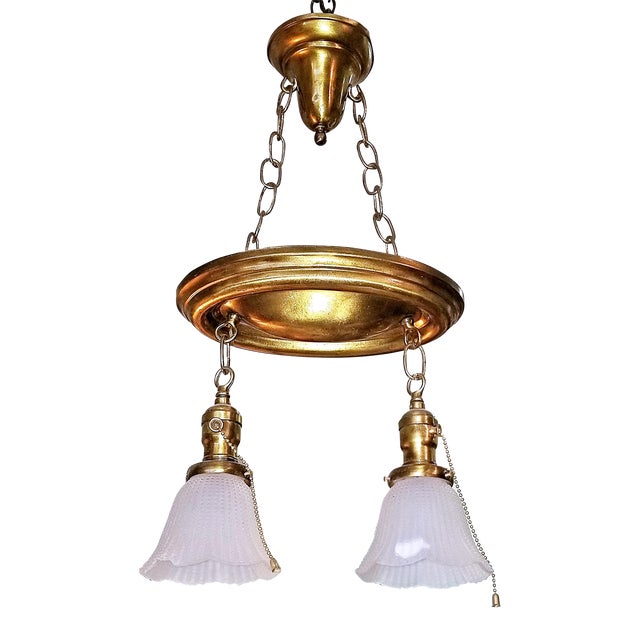 1910s American Double Hanging Shade Ceiling Fixture For Sale