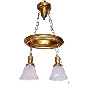 1910s American Double Hanging Shade Ceiling Fixture