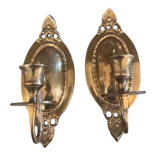 Vintage Pair of Cast Brass Oval Candle Wall Sconces With Reflector Backplates | Hollywood Regency Traditional For Sale