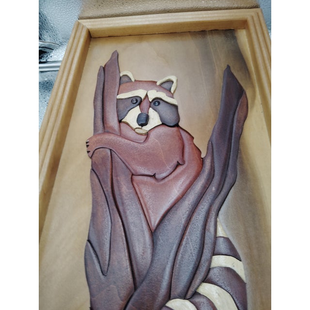 American 1960s Intarsia Raccoon Woodland Wall Hanging For Sale - Image 3 of 6