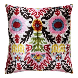 Hand-Knotted Silk Velvet Ikat Pillow - 16x16 Midnight & Copper Star For Sale