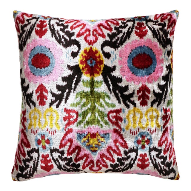 Hand-Knotted Silk Velvet Ikat Pillow - 16x16 Midnight & Copper Star For Sale