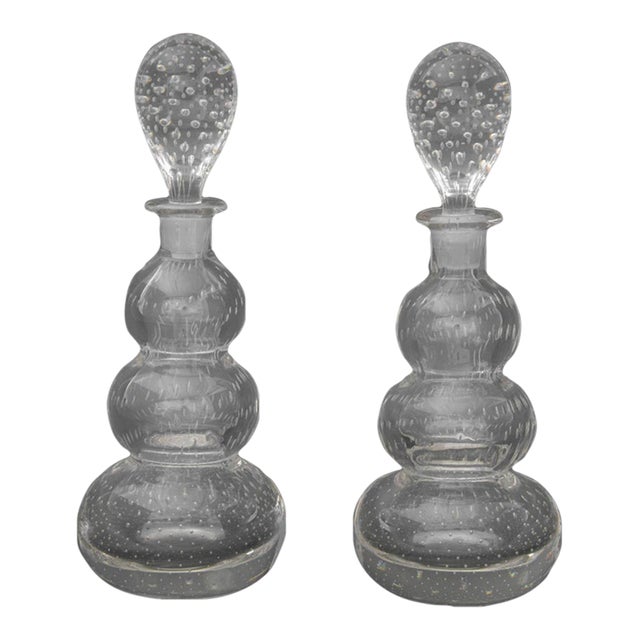Pair of Modern Controlled Bubble Glass Decanters For Sale