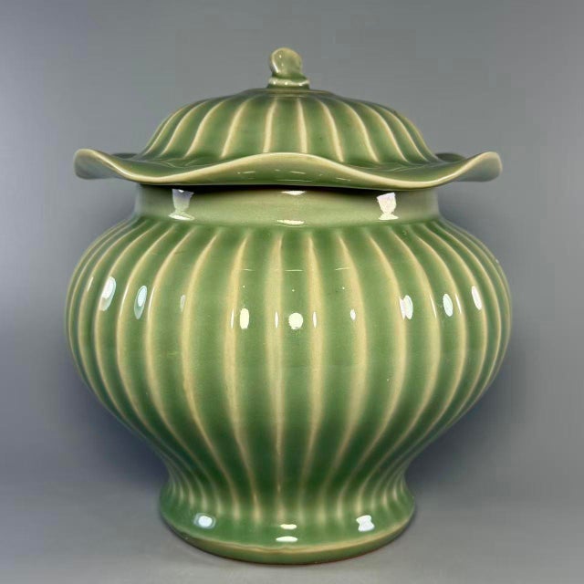 Vintage Chinese Longquan Celadon Porcelain Lidded Jar | One of a Kind, Ribbed‑Striped Body For Sale - Image 6 of 8