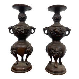 Vintage Japanese Bronze Candlesticks Incense Holders- a Pair