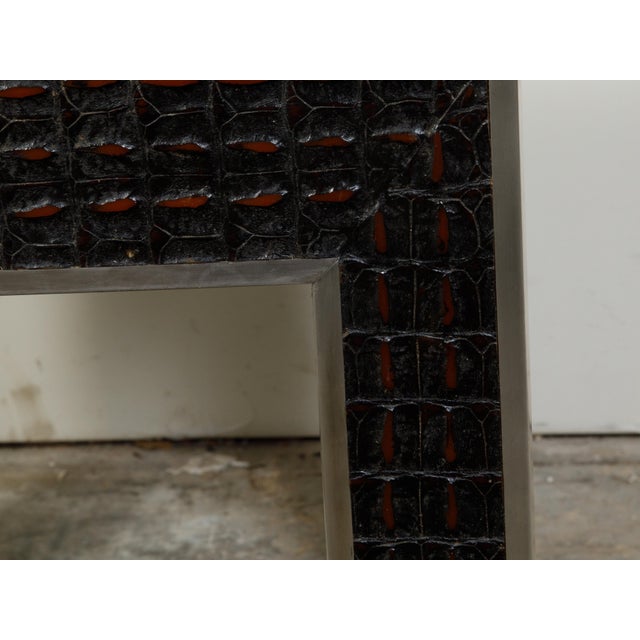 Vintage Italian Midcentury Faux Alligator Side Table with Metal Accents For Sale - Image 9 of 10